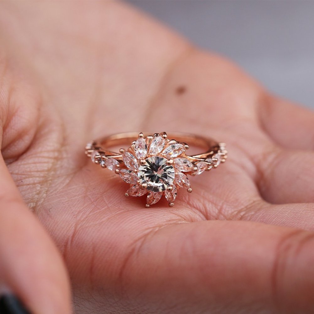 NEW Rose Gold Marquis Round Diamond Flower Ring - Picture 5 of 7